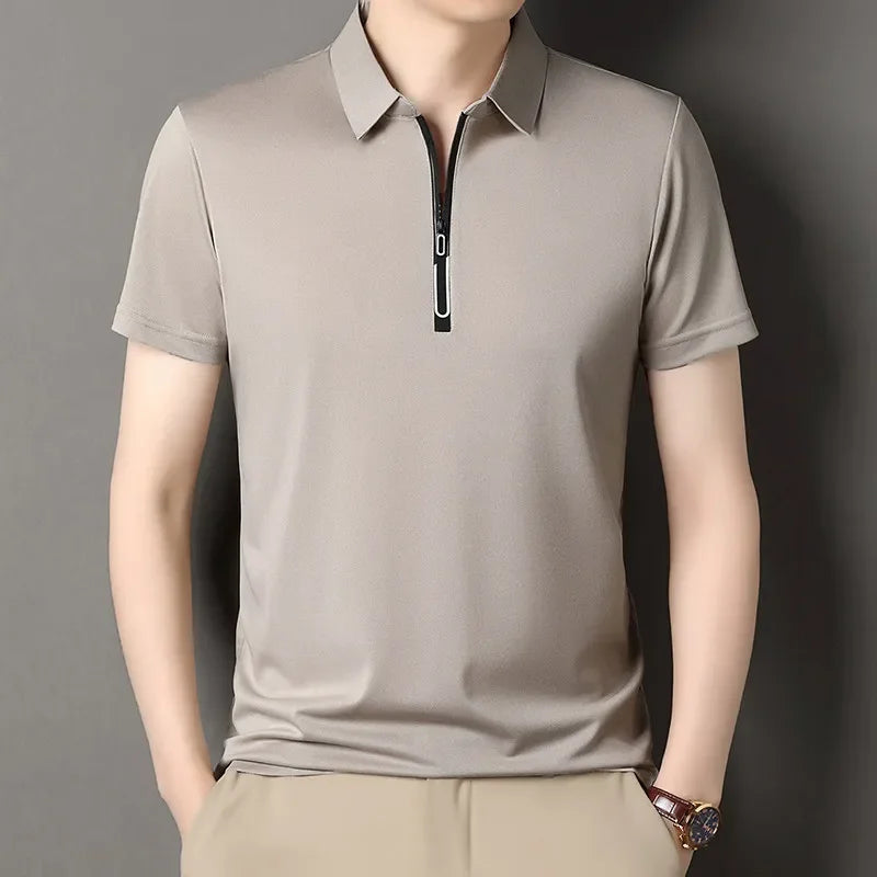 Zipper Short Sleeve Solid Color Polo Shirt Four Seasons Versatile Top