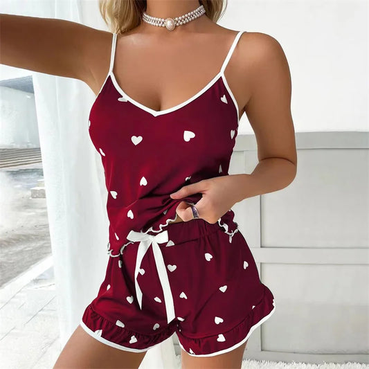 2026 Summer Pajama Set Large Size Vest Shorts Women's Suspenders Soft Casual Cute Printed Women pajamas set