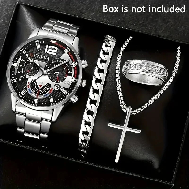 4PC Men's Luxury Jewelry Set – Watch, Ring, Bracelet & Chain