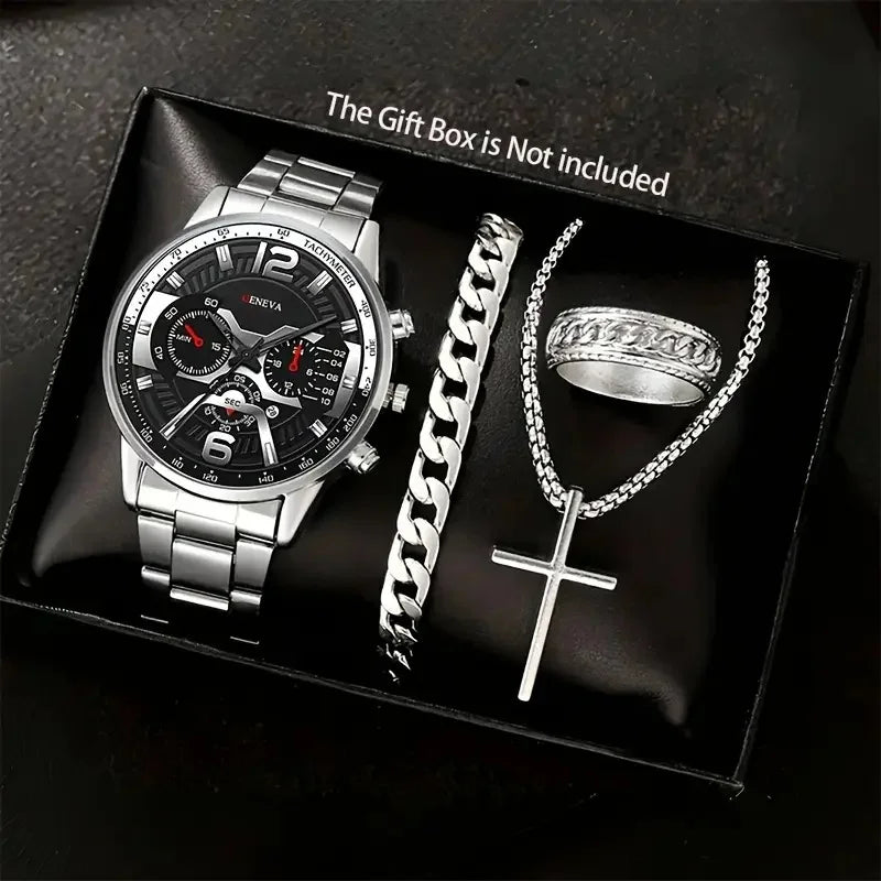 4PC Men's Luxury Jewelry Set – Watch, Ring, Bracelet & Chain