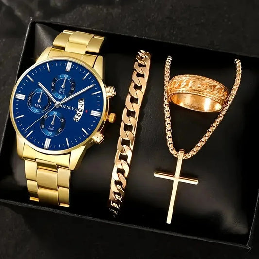 4PC Men's Luxury Jewelry Set – Watch, Ring, Bracelet & Chain