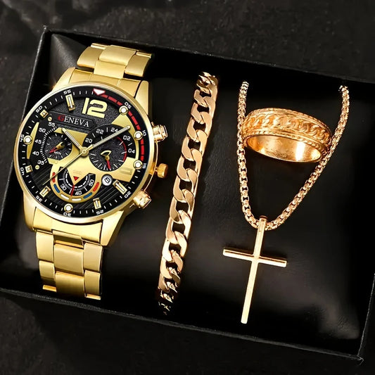 4PC Men's Luxury Jewelry Set – Watch, Ring, Bracelet & Chain