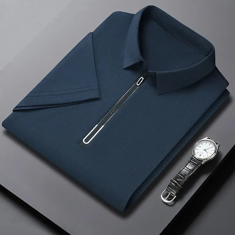 Zipper Short Sleeve Solid Color Polo Shirt Four Seasons Versatile Top