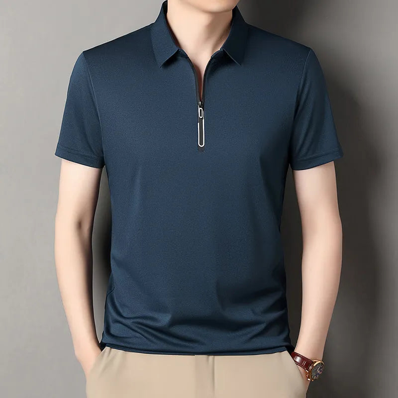 Zipper Short Sleeve Solid Color Polo Shirt Four Seasons Versatile Top