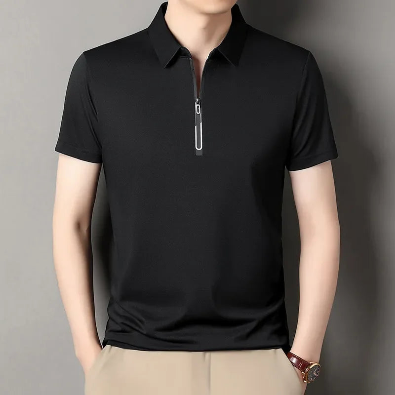 Zipper Short Sleeve Solid Color Polo Shirt Four Seasons Versatile Top