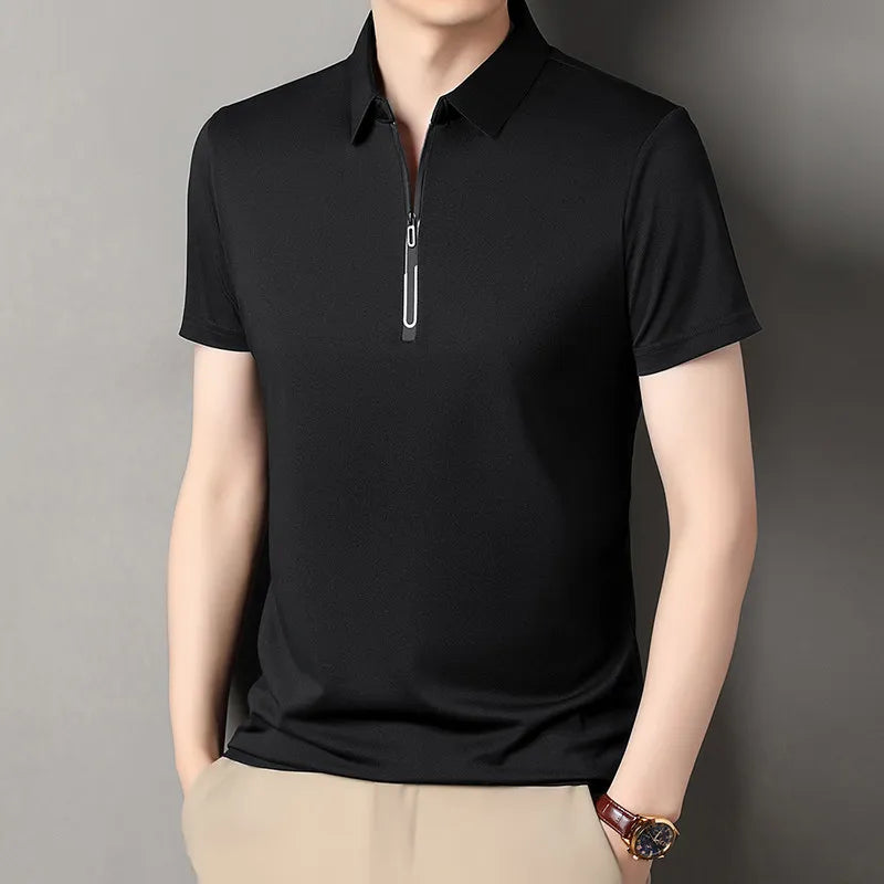 Zipper Short Sleeve Solid Color Polo Shirt Four Seasons Versatile Top