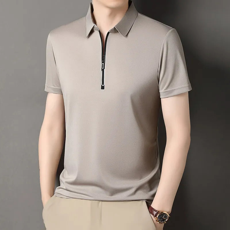 Zipper Short Sleeve Solid Color Polo Shirt Four Seasons Versatile Top