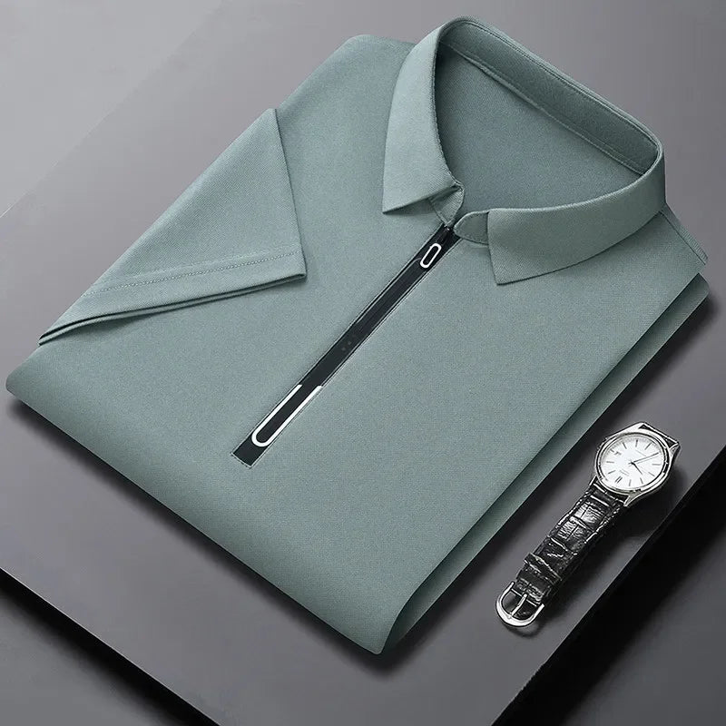 Zipper Short Sleeve Solid Color Polo Shirt Four Seasons Versatile Top