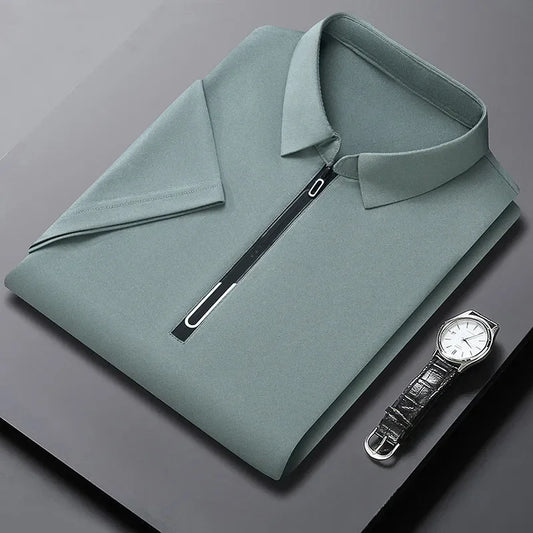 Zipper Short Sleeve Solid Color Polo Shirt Four Seasons Versatile Top