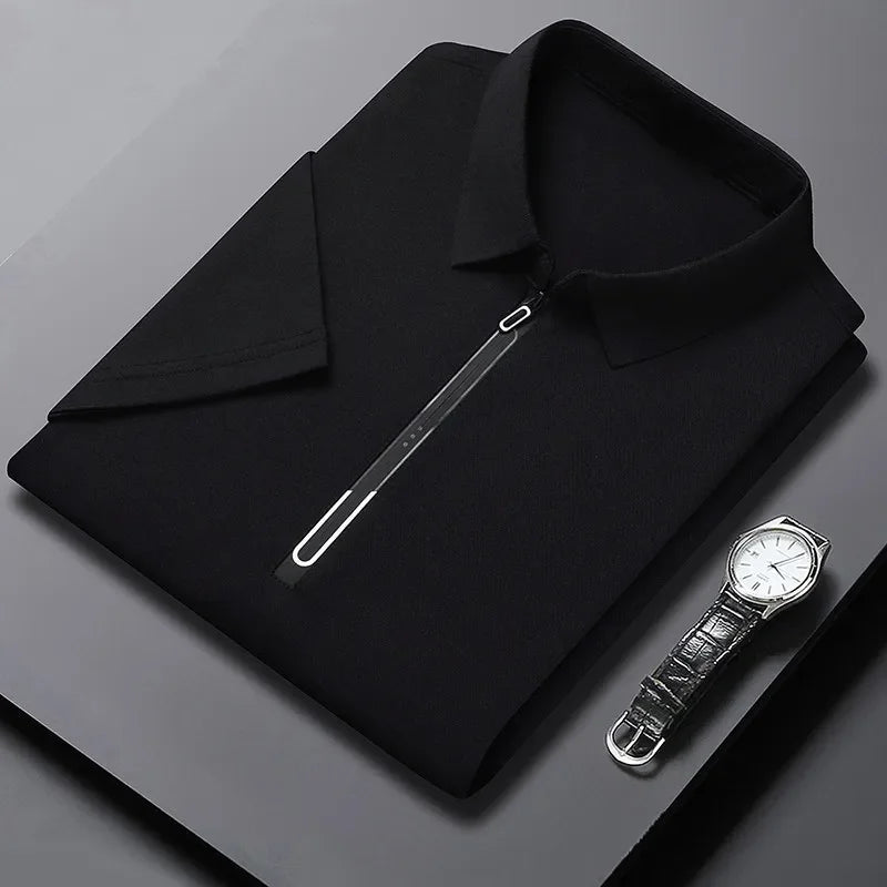 Zipper Short Sleeve Solid Color Polo Shirt Four Seasons Versatile Top