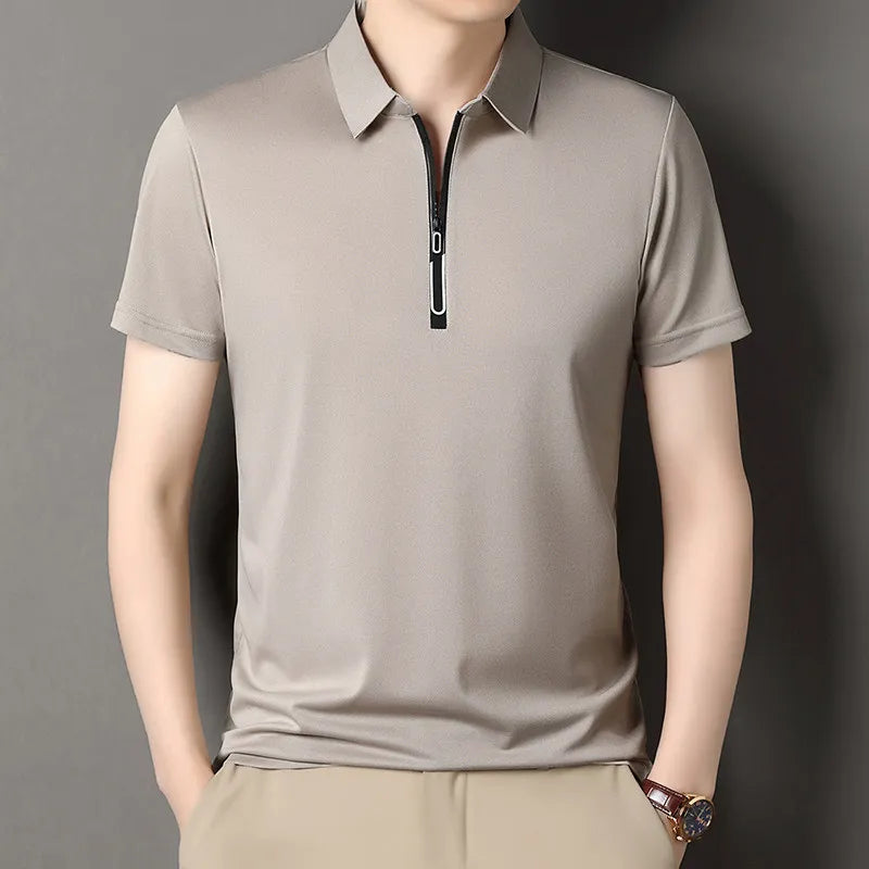 Zipper Short Sleeve Solid Color Polo Shirt Four Seasons Versatile Top