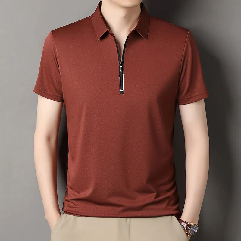Zipper Short Sleeve Solid Color Polo Shirt Four Seasons Versatile Top