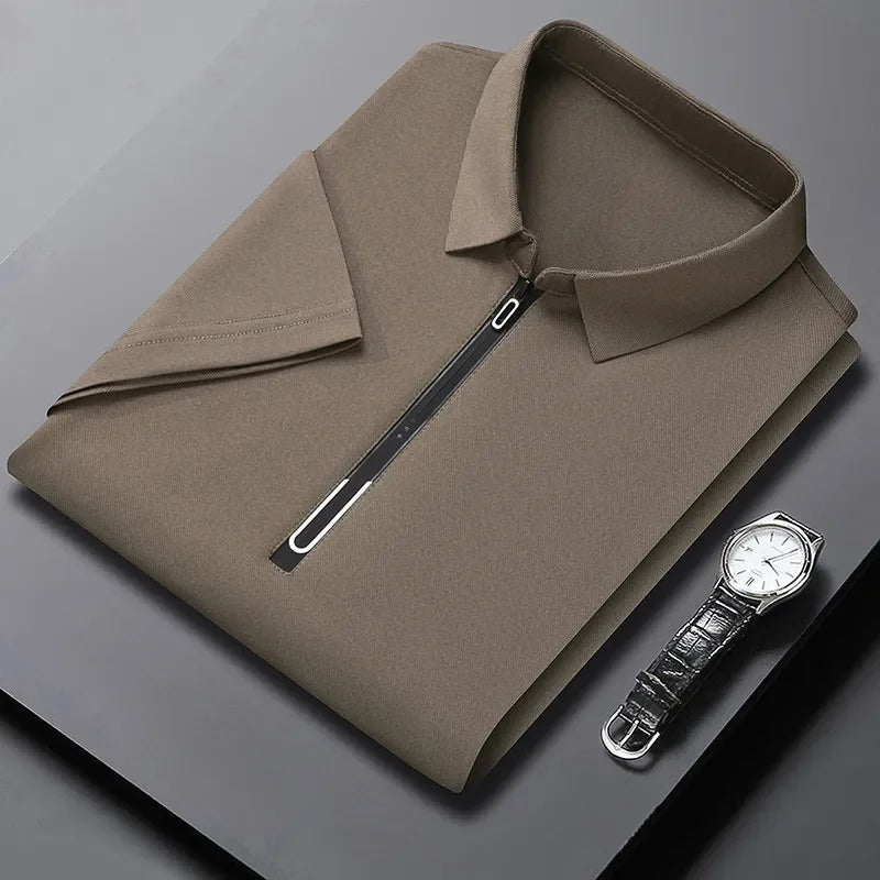 Zipper Short Sleeve Solid Color Polo Shirt Four Seasons Versatile Top