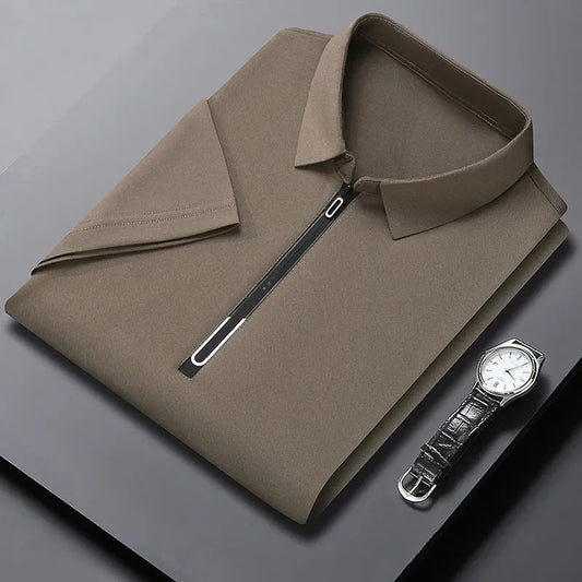 Zipper Short Sleeve Solid Color Polo Shirt Four Seasons Versatile Top