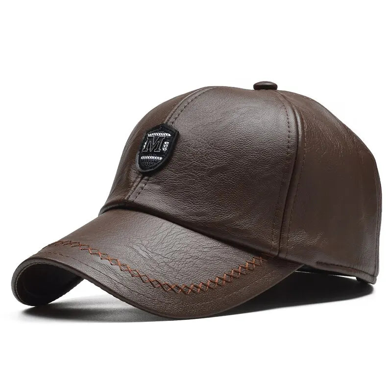 Men's PU Leather Baseball Cap – Adjustable Casual Hat | Black, Brown & Khaki