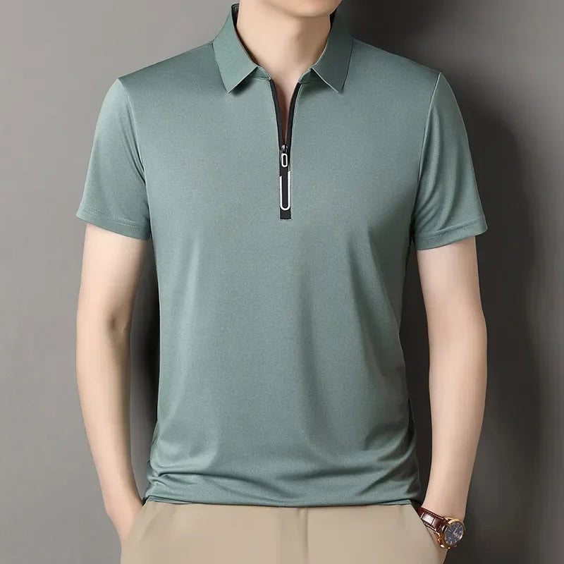 Zipper Short Sleeve Solid Color Polo Shirt Four Seasons Versatile Top