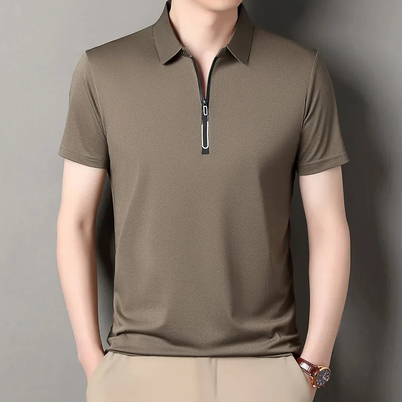 Zipper Short Sleeve Solid Color Polo Shirt Four Seasons Versatile Top