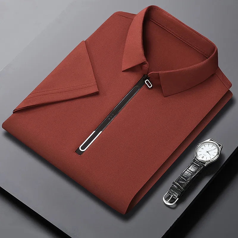 Zipper Short Sleeve Solid Color Polo Shirt Four Seasons Versatile Top
