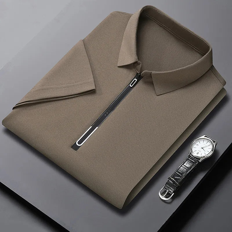 Zipper Short Sleeve Solid Color Polo Shirt Four Seasons Versatile Top