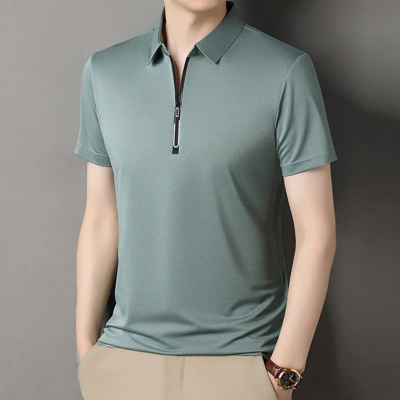 Zipper Short Sleeve Solid Color Polo Shirt Four Seasons Versatile Top