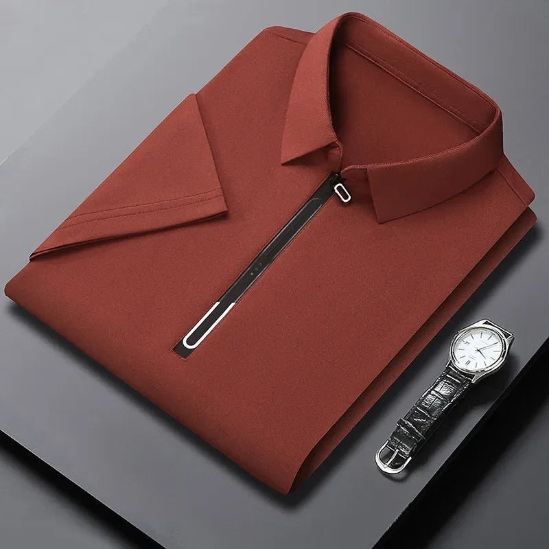 Zipper Short Sleeve Solid Color Polo Shirt Four Seasons Versatile Top