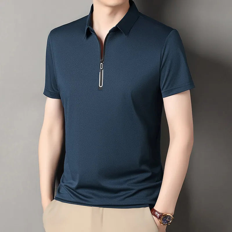 Zipper Short Sleeve Solid Color Polo Shirt Four Seasons Versatile Top