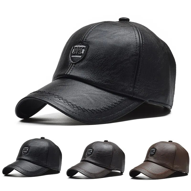Men's PU Leather Baseball Cap – Adjustable Casual Hat | Black, Brown & Khaki