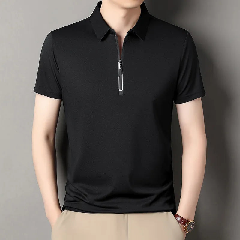 Zipper Short Sleeve Solid Color Polo Shirt Four Seasons Versatile Top