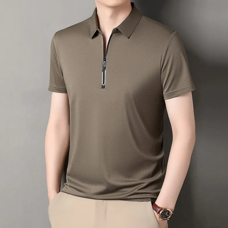 Zipper Short Sleeve Solid Color Polo Shirt Four Seasons Versatile Top