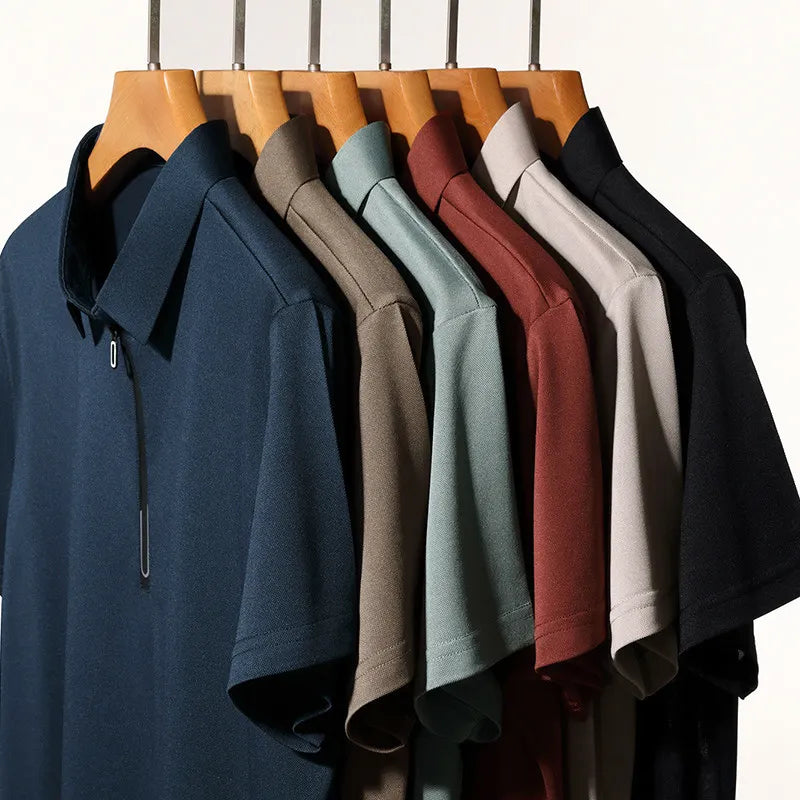 Zipper Short Sleeve Solid Color Polo Shirt Four Seasons Versatile Top