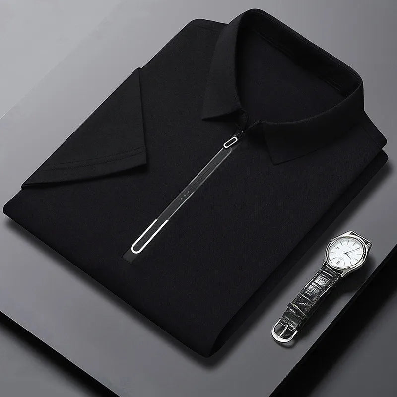 Zipper Short Sleeve Solid Color Polo Shirt Four Seasons Versatile Top