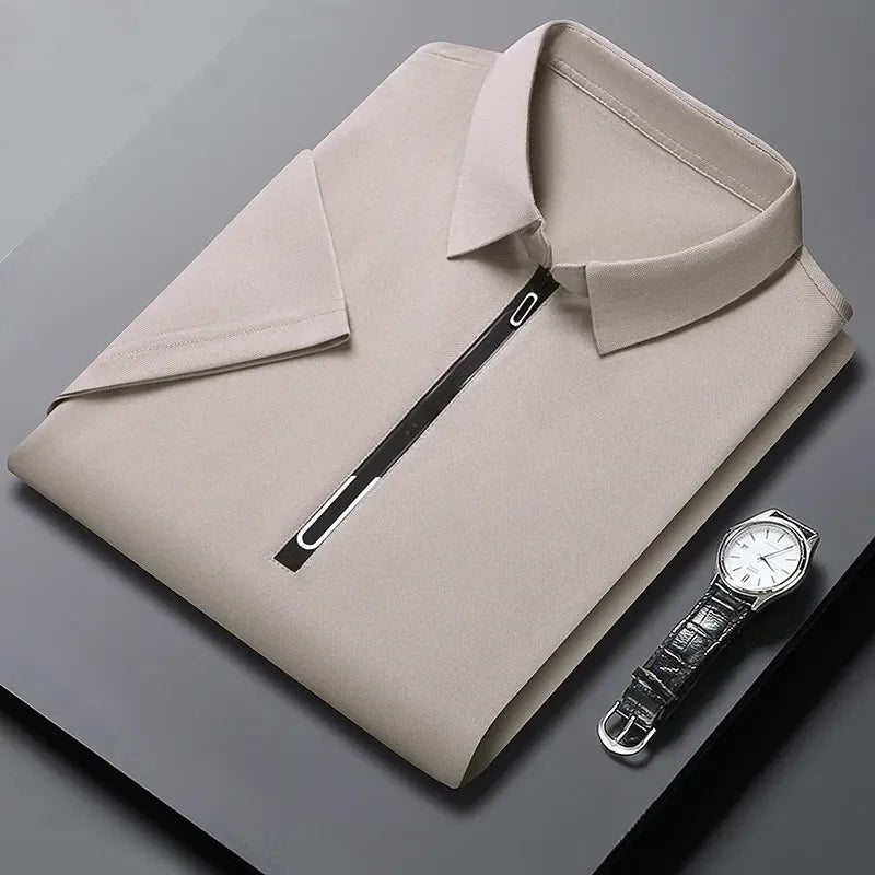 Zipper Short Sleeve Solid Color Polo Shirt Four Seasons Versatile Top