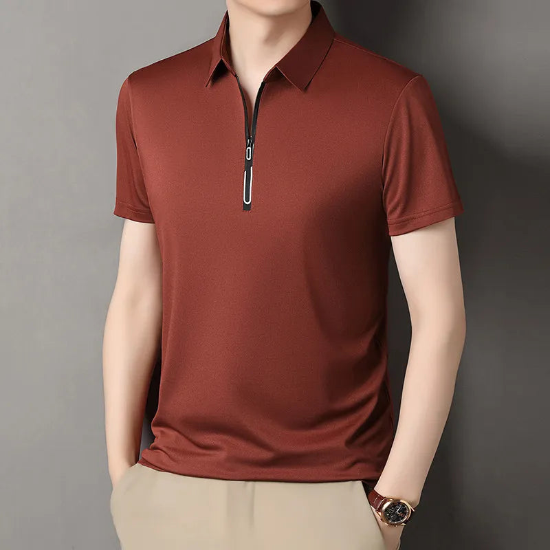 Zipper Short Sleeve Solid Color Polo Shirt Four Seasons Versatile Top