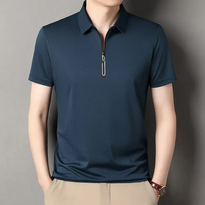 Zipper Short Sleeve Solid Color Polo Shirt Four Seasons Versatile Top