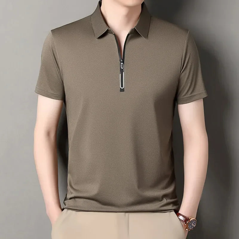 Zipper Short Sleeve Solid Color Polo Shirt Four Seasons Versatile Top